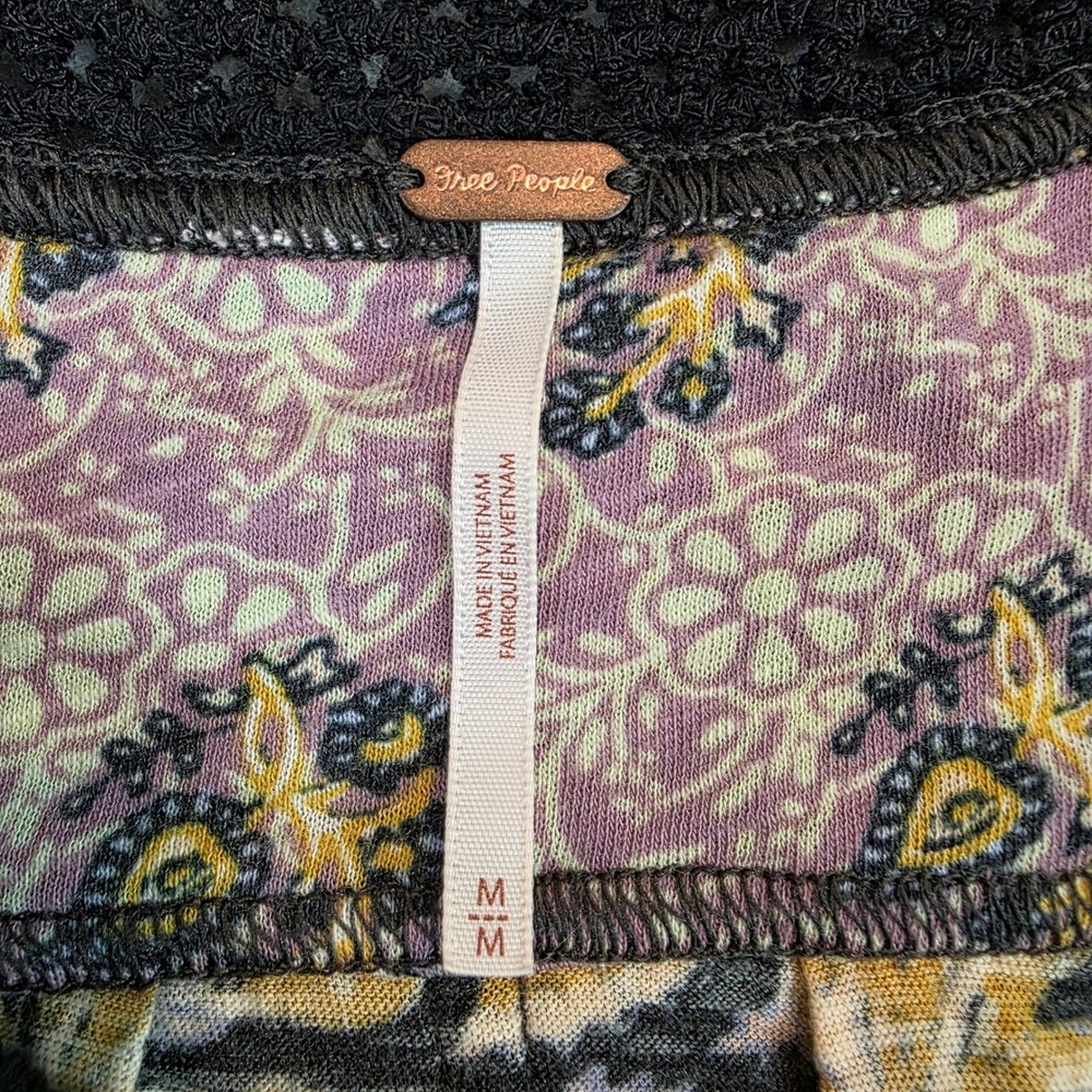 Free People Mixed Floral Boho Crochet V-Neck Cap Sleeve Top Mustard Purple Med - Picture 5 of 10